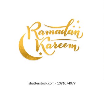 Vector illustration. Islamic Ramadan Kareem greeting beautiful isolated gold lettering text with moon and stars isolated on white. Glitter foil Ramadan Kareem greeting cards, banners, holidays posters