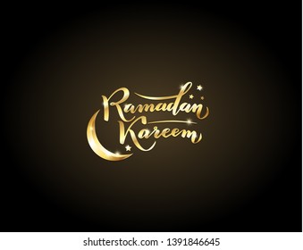Vector illustration. Islamic Ramadan Kareem greeting beautiful isolated gold lettering text with moon and stars on black background. For Ramadan Kareem greeting cards, banners, holidays posters.