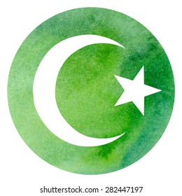 Vector illustration of Islamic symbol crescent and star on bright green circle watercolor background.