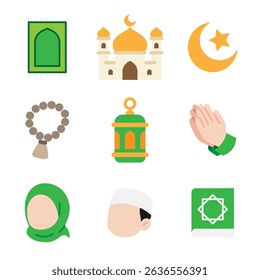 Vector illustration of Islamic theme icons in flat style