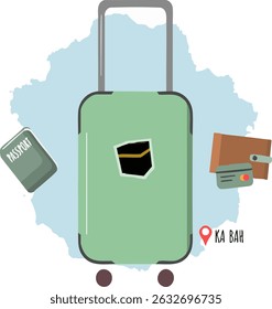 Ilustração vetorial dos fundamentos de viagem islâmicos com bagagem verde Hajj, ícone Kaaba, passaporte, carteira e símbolo de avião