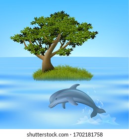 Vector illustration of an island with grass and a tree Dolphin in the water jumping, seascape
