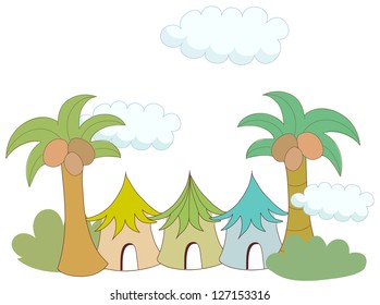 A vector illustration of an island with huts