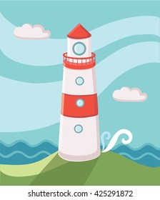Vector illustration of island lighthouse sky and waves