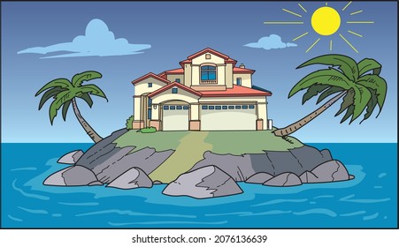 Vector illustration with an island in the middle of the ocean,  house, sun