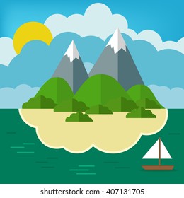 Vector illustration of an island with mountains, beach and hills.
