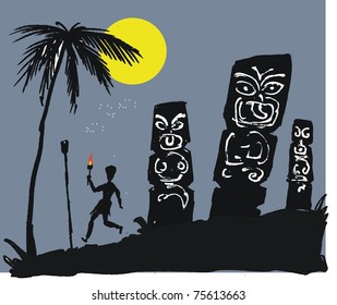 Vector illustration of island native running at night with flaming torch.