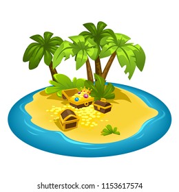 vector illustration of an island in the ocean of palm trees and treasures