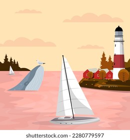 Vector illustration. Island in the ocean, whale and boats. Vector characters. Design for postcard, poster, banner.