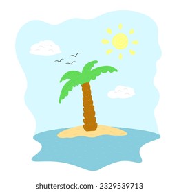 Vektorgrafik einer Insel mit einer Palme in handgezeichneter Kindergrafik