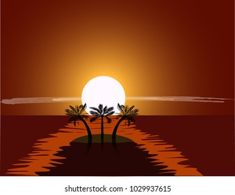 vector illustration of an island and palm trees at sunset