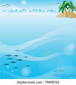 vector illustration of the island with palm trees on the background of the sea with gulls and sky with the fishes