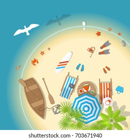 Vector illustration. Island paradise. (top view) Summer time. A romantic vacation on the island in the sea. (View from above)