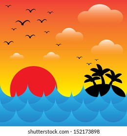 vector illustration of island in sea waves at evening time, sun,sky and cloud