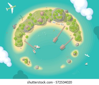 Vector illustration. Island top view. Summer vacation. Time to travel - sun, sea, island, sand, yacht, airplane, palm, clouds. (View from above)