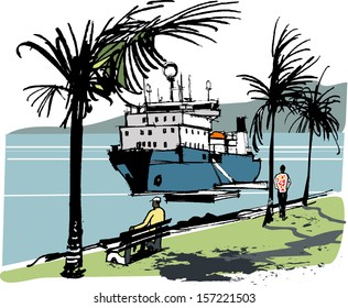 Vector illustration of island trading boat at anchor in tropical Noumea, New Caledonia.