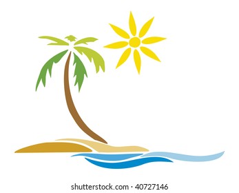 A vector illustration of a island with a tree and the sun