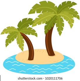 Vector illustration of an island with two palm trees surrounded by a teal colored sea isolated on white background.