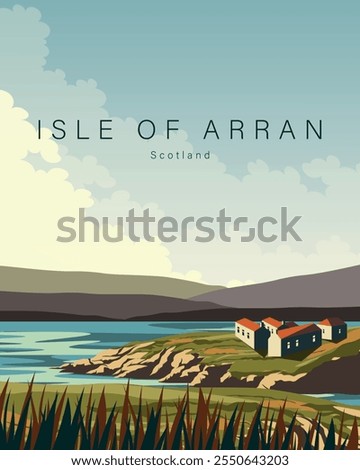 Vector illustration. Isle of Arran Scotland. Travel banner, poster, postcard, cover. Modern design. Tourism. Nature.
