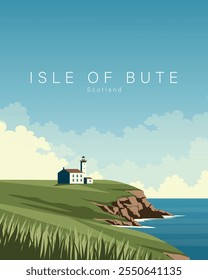 Ilustración vectorial. Isla de Bute, Escocia. Cartel de viaje, Anuncio, postal, cubierta. Diseño moderno. Turismo.