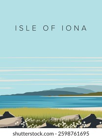 Vector illustration. Isle of Iona. Travel poster, banner, postcard. Modern design. Tourism, summer, traveling.