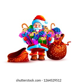 Vector illustration isolate character santa claus empty bag hold huge pile gift box present shopping sale wide smile sticker emoji happy new year merry christmas mascot design element white background