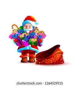 Vector illustration isolate character santa claus empty bag hold huge pile gift box present shopping sale wide smile sticker emoji happy new year merry christmas mascot design element white background