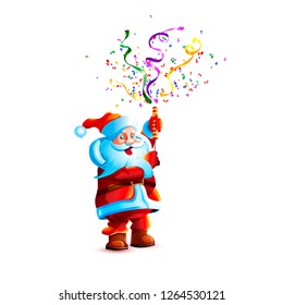 Vector illustration isolate character santa claus smile slapstick flapper petard confetti serpentine holiday fun sticker emoji happy new year merry christmas mascot design element white background
