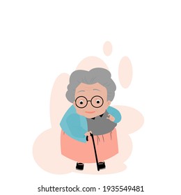 Vector illustration isolate flat design cartoon front view of cute one grandmother showing thumbs up ,old fat woman in colorful clothes with magic cane and glasses ,standing alone on white background.