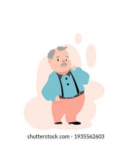 Vector illustration isolate flat design cartoon front view of cute smart grandfather  standing. Alone old grandpa  in colorful clothes. Old man with grey hair, mustache, wearing sweater is smiling.