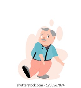 Vector illustration isolate flat design cartoon front view of cute smart grandfather pointing leg. Alone old grandpa  in colorful clothes. Old man with grey hair, mustache, wearing sweater is smile.