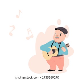 Vector illustration isolate flat design cartoon front view of cute look kind of grandfather playing guitar. Alone old grandpa  in colorful clothes. Old man with grey hair, mustache on music background
