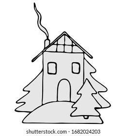 vector illustration, isolate on a white background, linear drawing of a house in doodle style, Christmas tree