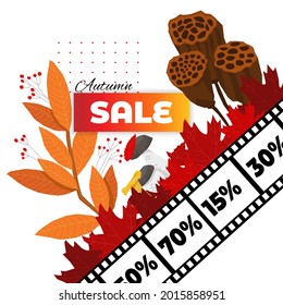 Vector illustration with isolated abstract design, frames on theme of autumn. Dried branches, dry box of lotos, yellow fallen leaves are depicted. There is place for logo, percentages discounts, sale.