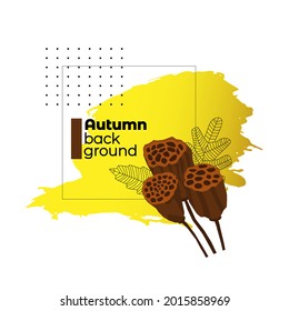Vector illustration with an isolated abstract design, frames on the theme of autumn. Geometric shapes, dried lotus boxes, skeletonized leaves are depicted. There is an empty space for text, title.