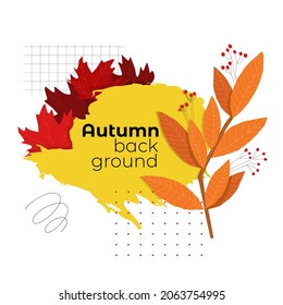 Vector illustration with an isolated abstract design, frames on the theme of autumn. Dried branches with yellow, red leaves, geometric forms are depicted. There is an empty space for text, title.