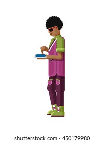 Vector illustration isolated of African American man dark hair, touch screen smartphone side view looks into phone, sportsman, athletic T-shirt, sweatpants