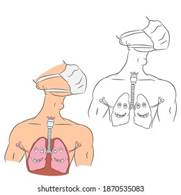 Vector illustration of isolated anatomy, lungs, medical mask in two views, on a white background. Simple flat style.