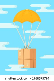 Vector illustration of an isolated balloon parcel in the clouds. Fast and unusual delivery in the sky. Isolated object on blue background. 