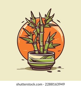 Vector Illustration of isolated bamboo in pot on white background. For flower shop banner, poster. Elements for design house, room or office interior. Bamboo lucky plant in pot