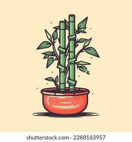 Vector Illustration of isolated bamboo in pot on white background. For flower shop banner, poster. Elements for design house, room or office interior. Bamboo lucky plant in pot