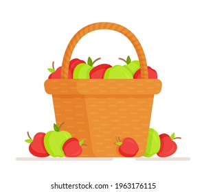 Ilustración vectorial de una canasta aislada de manzanas sobre un fondo blanco.  Jugosa fruta de manzana, que se consume en alimentos. Icono luminado de la cesta de fruta de dibujos animados.