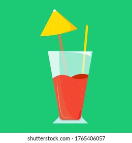 Vector illustration of an isolated beach cocktail in a glass with a decorative straw tube and an umbrella. Red refreshing drink by the summer. 