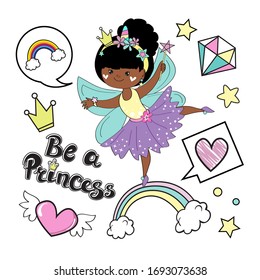 Vector illustration isolated with a beautiful African American fairy princes on a white background for children. Fashion patch badges. Card for little girl