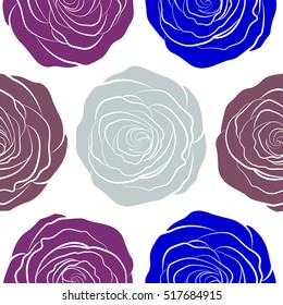 Vector illustration. Isolated beautiful flowers drawn watercolor in blue, gray and purple colors on white background. Tropical colorful seamless pattern. Seamless floral background.