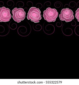 Vector illustration. Isolated beautiful flowers drawn watercolor in pink and purple colors. Horizontal tropical colorful seamless pattern. Seamless floral background with place for your text.