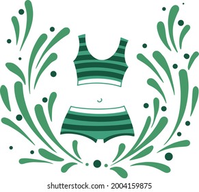 Vector illustration isolated - beautiful summer two-piece swimsuit in blue striped framed by a pattern in the form of flowers. For illustrations, advertisement, shop decorations and wallpapers