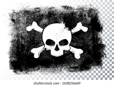 Vector illustration isolated black pirate flag with skull and bones in grunge style.