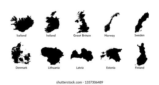 Vector illustration. Isolated black silhouettes of Northern Europe states maps, simplified outlines. Denmark, Norway, Sweden, Finland, Estonia, Lithuania, Latvia, Great Britain, Ireland, Iceland