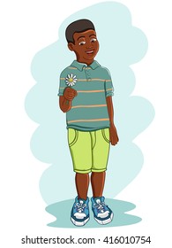 Vector illustration of a isolated black young boy giving a flower